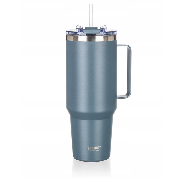 STALOWY KUBEK TERMICZNY TERMOS 1200ml Z RĄCZKĄ I SŁOMKĄ BANQUET TWAIN SZARY