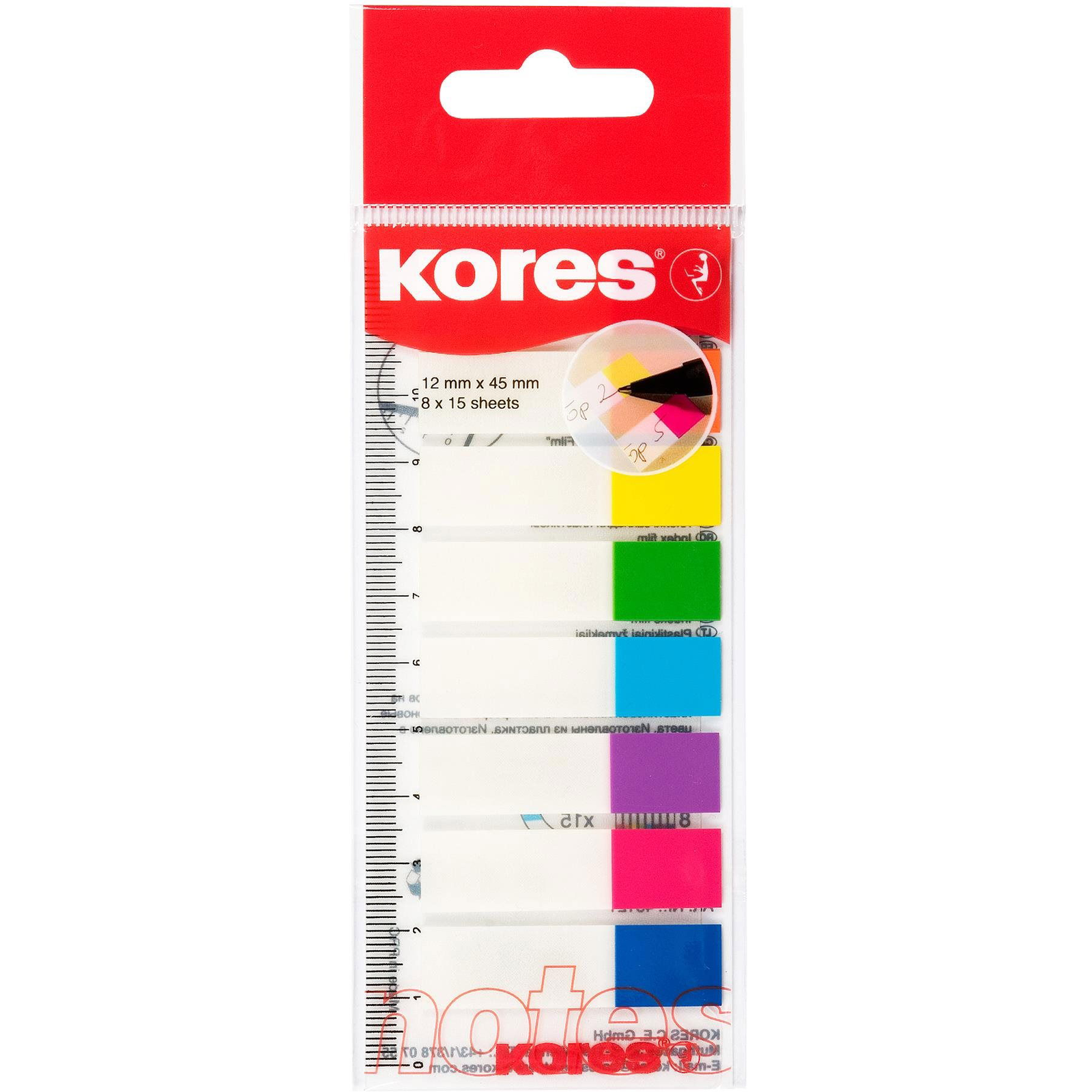 KORES Index Strips 45 x 12 mm, 8 x 15 lap, többféle színű jelölők (45121)