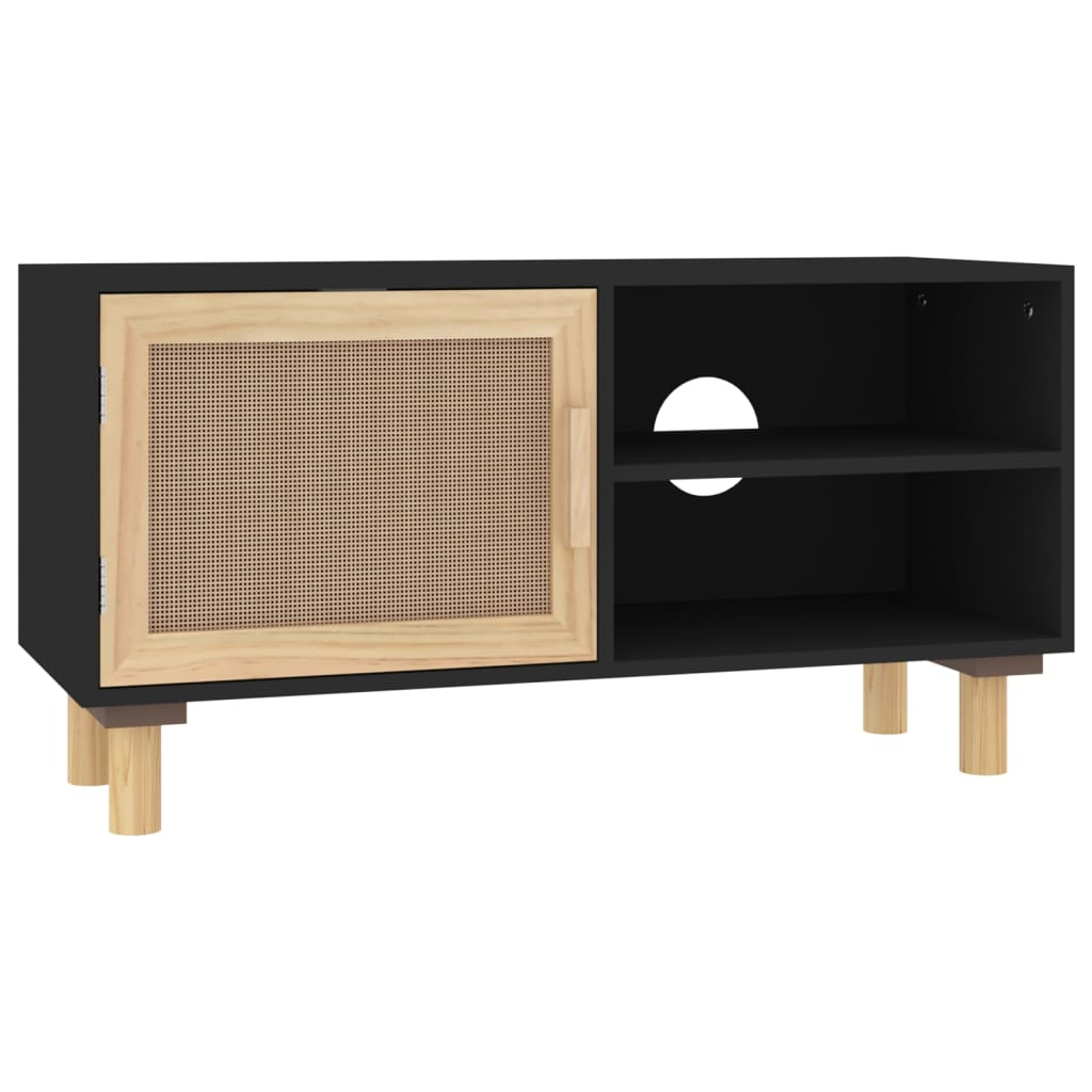 fekete fenyőfa és természetes rattan TV-szekrény 80x30x40 cm (345613)