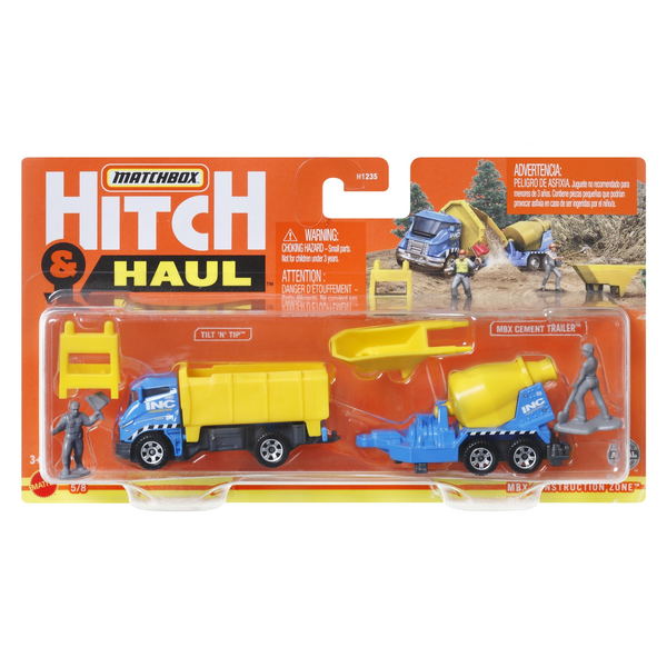 MATCHBOX HITCH&HAUL SET 2 VEHICULE MBX CONSTRUCTION ZONE TILT N TIP MBX CEMENT TRAILER SCARA 1:64