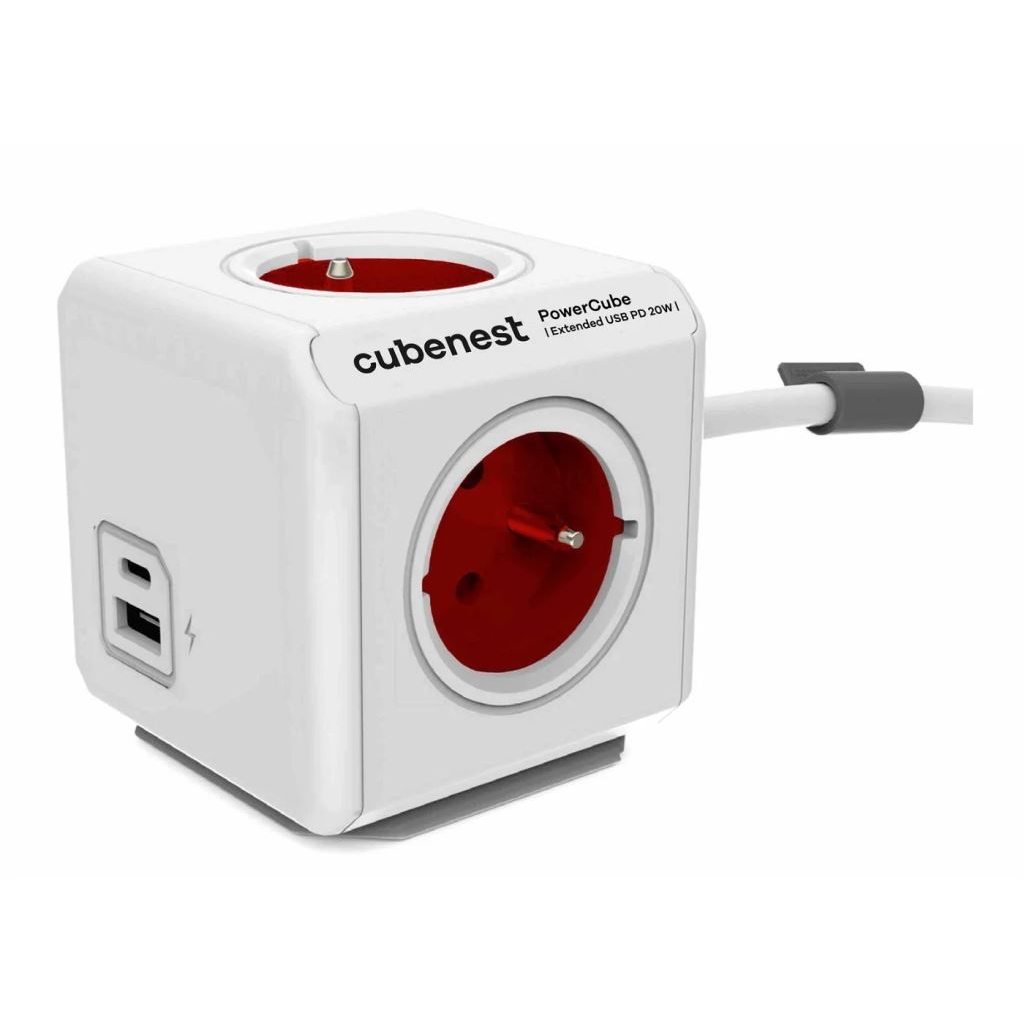 Cubenest Powercube Extended elosztó 4x aljzat 1x USB-A 1x USB-C 1.5m fehér-piros (6974699971009) (6974699971009)
