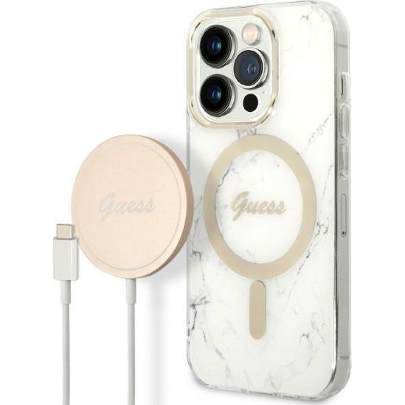 Guess Marble MagSafe Apple iPhone 14 Pro hátlap tok, fehér + MagSafe töltő (GUE2297)