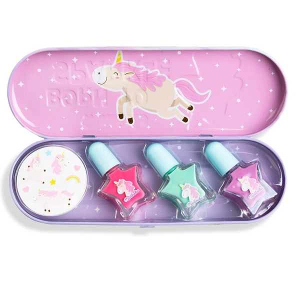 MARTINELIA LITTLE UNICORN SET OF 3 NAIL POLISHES AND STICKERS IN METAL BOX