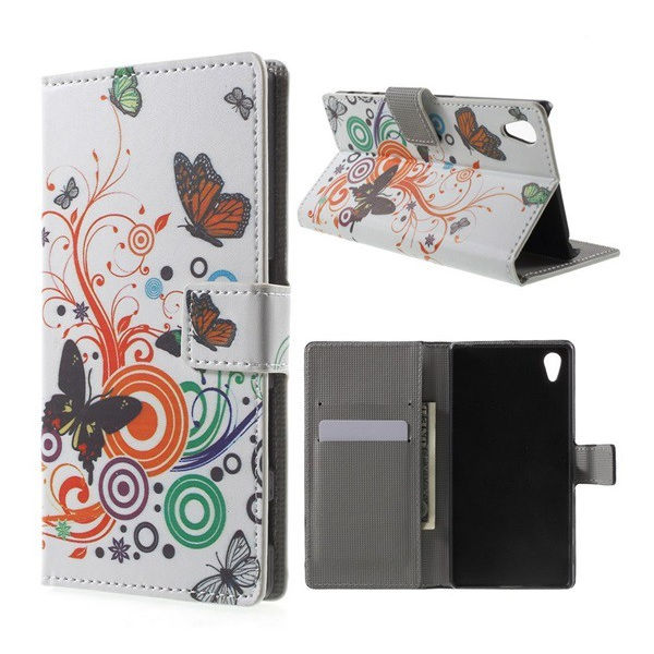 Tok álló, bőr hatású (FLIP, oldalra nyíló, asztali tartó funkció, pillangó, kör minta) FEHÉR [Sony Xperia Z5 (E6653)] (5996457590360)