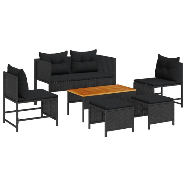 Set Canapea de Exterior - Negru Rattan, Lemn Mediu Durabil