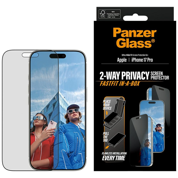 PanzerGlass ® Privacy Screen Protector iPhone 17 Pro | Ultra-Wide Fit w. FASTFIT IN-A-BOX Klar skærmbeskytter Apple 1 stk