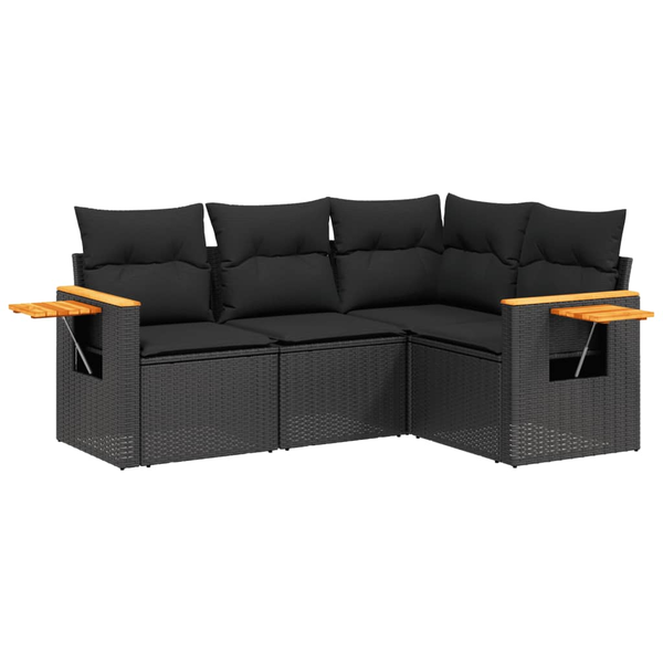 Set mobilier de grădină cu perne, 4 piese, negru, poliratan