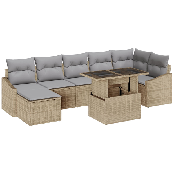 Set Divan Grădină Set de 8 Bej și Gri Ratan și Material Textil