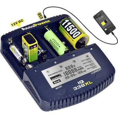 AccuPower IQ338XL NiCd, NiMH, Lítiumion 10340, 10350, 10440, 10500, 12500, 12650, 13500, 13650, 14500, 14650, 16340, 16650, 17335, 17355, 17500, 17650, 17670, (34354)