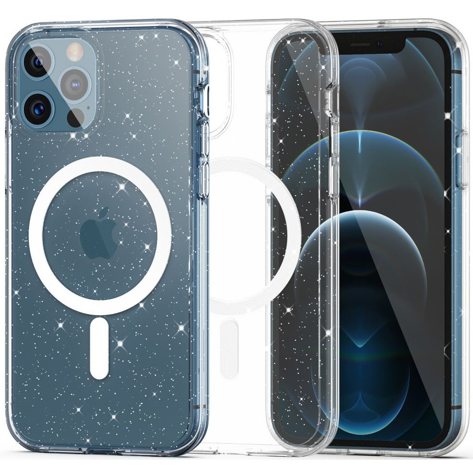 Apple iPhone 12 / 12 Pro, Műanyag hátlap védőtok + szilikon keret, Magsafe töltővel kompatibilis, csillogó hátlap, FlexAir Hybrid Magsafe Glitter, átlátszó (131281)