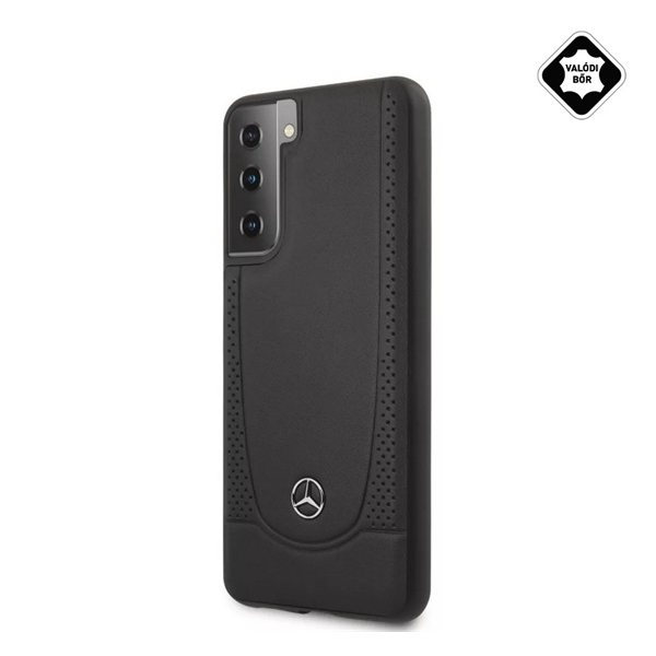 CG MOBILE MERCEDES URBAN LINE szilikon telefonvédő (valódi bőr bevonat, műanyag hátlap, lyukacsos) FEKETE Samsung Galaxy S21 Plus (SM-G996) (MEHCS21MARMBK)