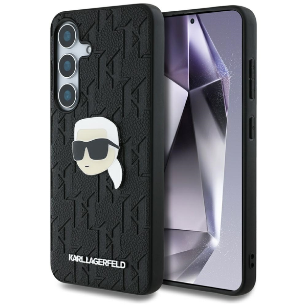 Karl Lagerfeld Leather Monogram Pin Logo Karl Head Samsung Galaxy S25 kemény hátlap tok, fekete (KLHCS25SPGKLKIPK)
