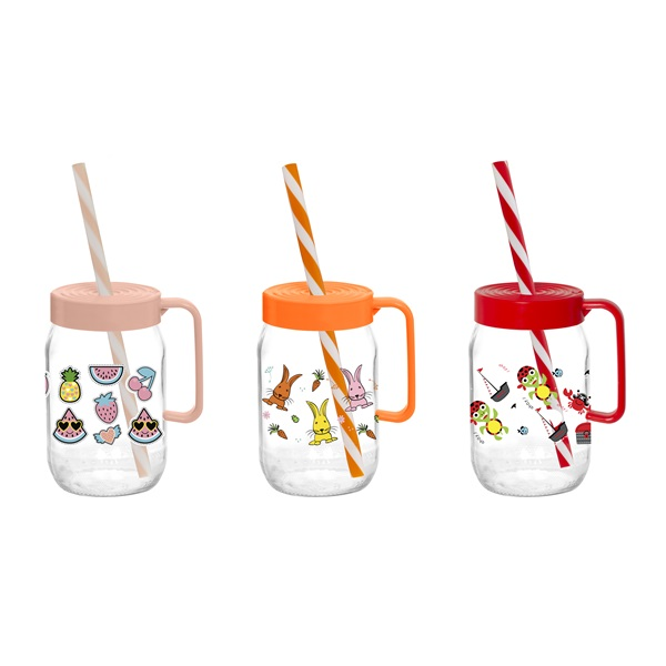 IRIS mintás bögre szívószállal 370ml, gyümölcs, nyuszi vagy teknősbéka minta 111761-300 (111761-300)