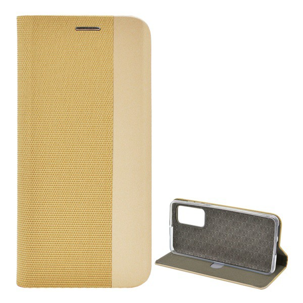 Tok álló, bőr hatású (FLIP, oldalra nyíló, asztali tartó funkció, textil minta) ARANY [Huawei P40] (5996457963256)