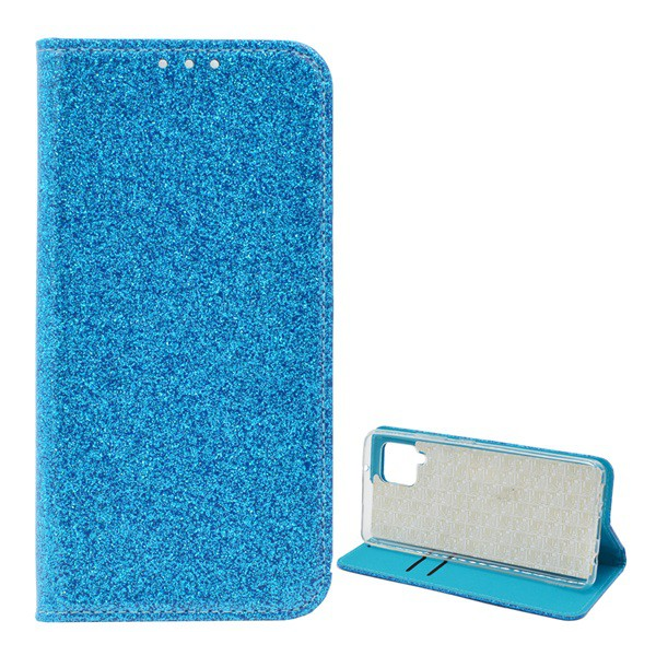 Tok álló, bőr hatású (FLIP, szilikon belső, oldalra nyíló, asztali tartó funkció, bankkártya tartó, csillogó) VILÁGOSKÉK [Samsung Galaxy A42 5G (SM-A425F)] (5996591033525)