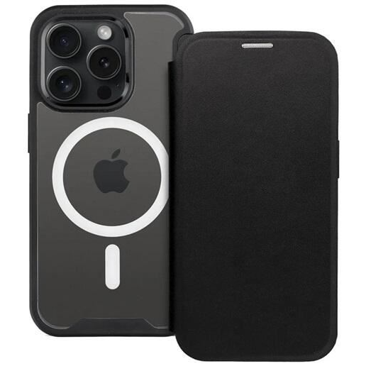 Gigapack Apple iPhone 15 Pro Max kártyazsebes fekete fliptok, mágneses átlátszó matt hátlappal (GP-157711) (GP-157711)