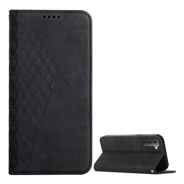 Tok álló, bőr hatású (FLIP, oldalra nyíló, asztali tartó funkció, 3D rombusz minta, prémium) FEKETE [Samsung Galaxy S22 Plus 5G (SM-S906)] (5996591120744)