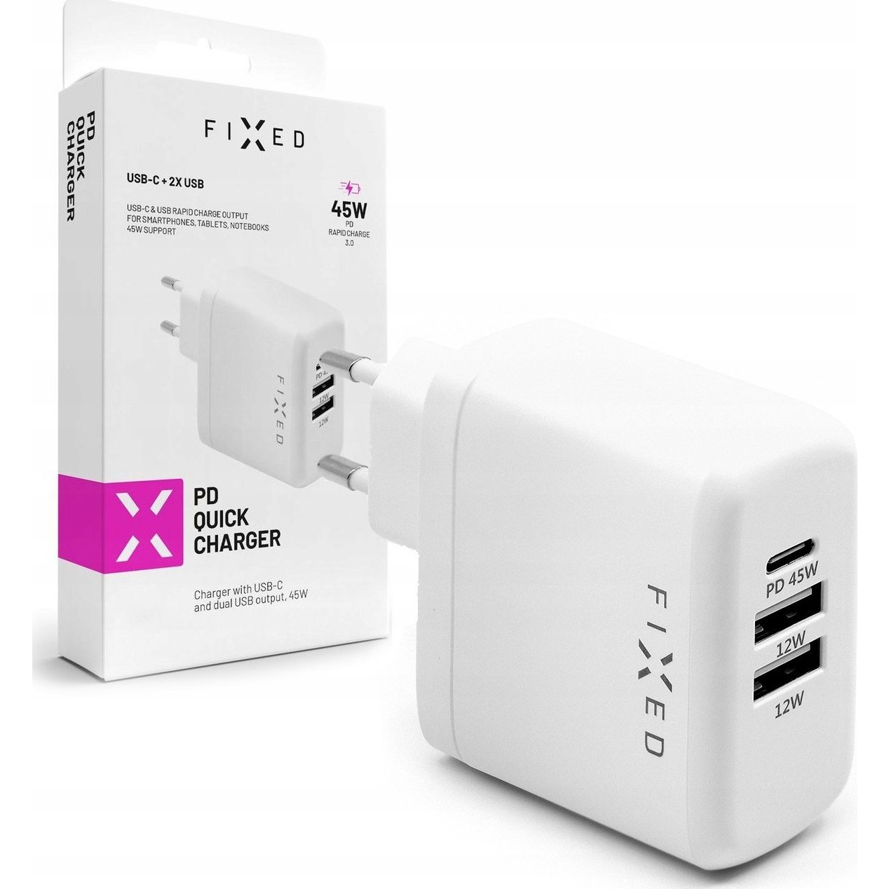 Fixed Hálózati USB-C+2xUSB töltő (20V / 3000mA) (FIXC45-C2U-WH)