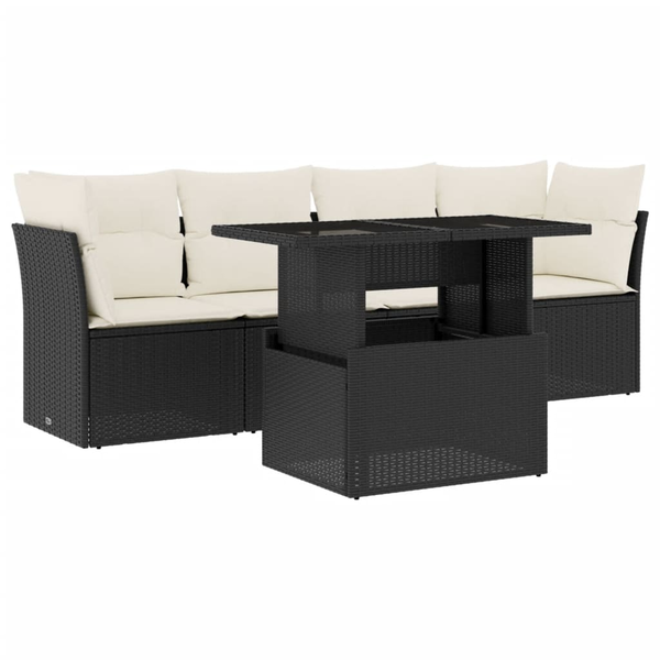 Set mobilier de grădină cu perne, 5 piese, negru, poliratan