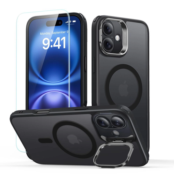 ESR CLASSIC HYBRID szilikon telefonvédő (ütésállóság, kitámasztó, MagSafe, matt + képernyővédő üveg) FEKETE Apple iPhone 16 (GP-163424)