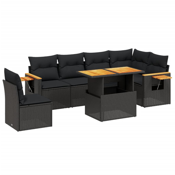 Set canapele de grădină cu perne, 7 piese, negru, poliratan