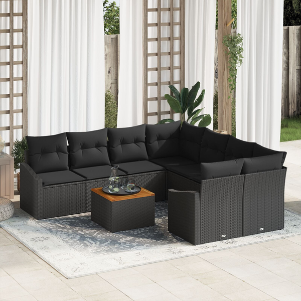 Conjunto De Sofá De Jardín De 9 Piezas  Con Cojines Ratan Negro V9285 Unico / Negro
