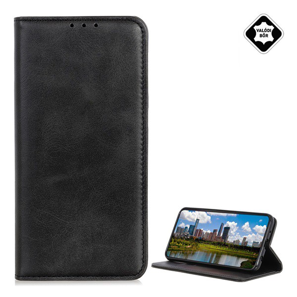 Tok álló, valódi bőr (FLIP, oldalra nyíló, asztali tartó funkció) FEKETE [Samsung Galaxy S22 Plus 5G (SM-S906)] (5996591126715)