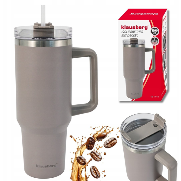 Klausberg Kubek termiczny ze słomką rurką do auta duży na wodę 1100ml KLAUSBERG KB-7943 Szary