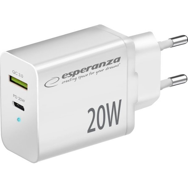 Esperanza Quick Power Charger USB-A / USB-C Hálózati töltő Adapter 20W - Fehér ( )