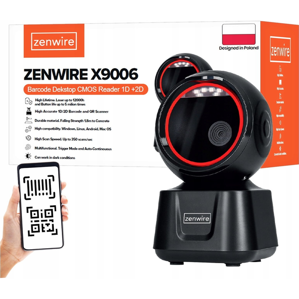Zenwire X9006 namizni USB čitalnik črtnih kod 1D/2D QR/EAN, Plug&Play, 350 skenov/s, IP54, branje z zaslonov