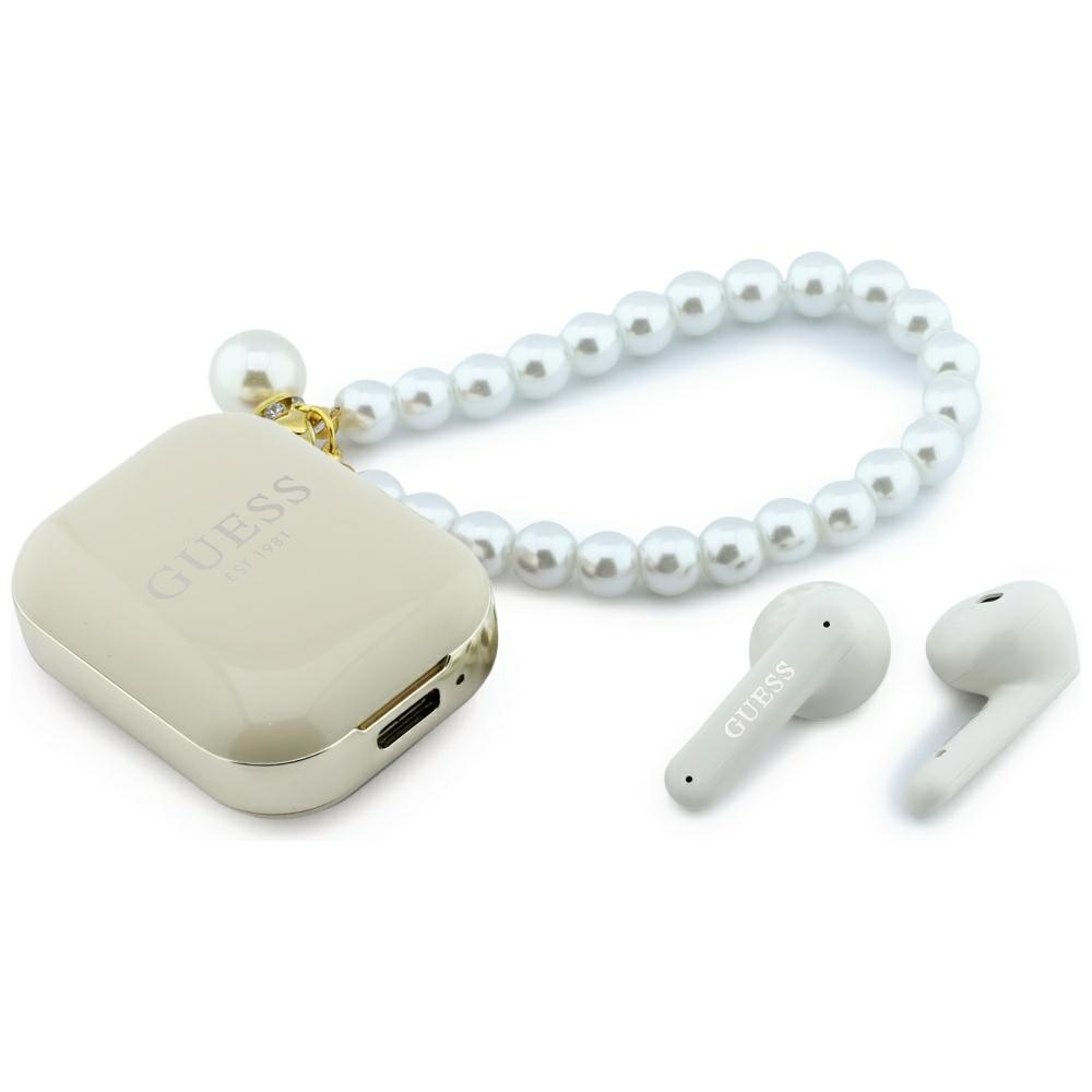 Guess Pearl Strap Bluetooth Fülhallgató Sztereo V5.4, Kézpánt + Töltőtok, Bézs