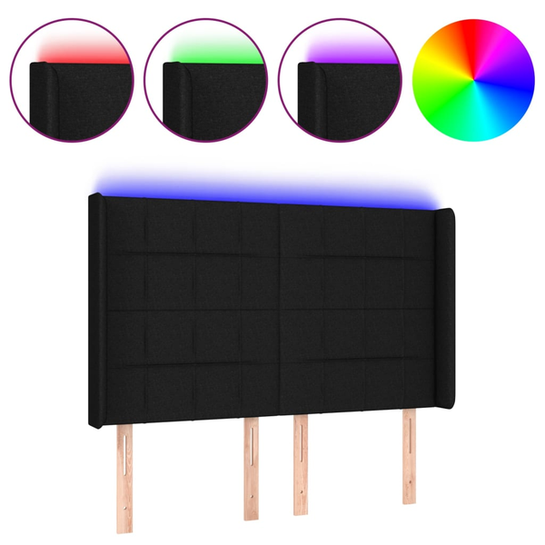 Tăblie de pat cu LED, negru, 144x5x118/128 cm, textil