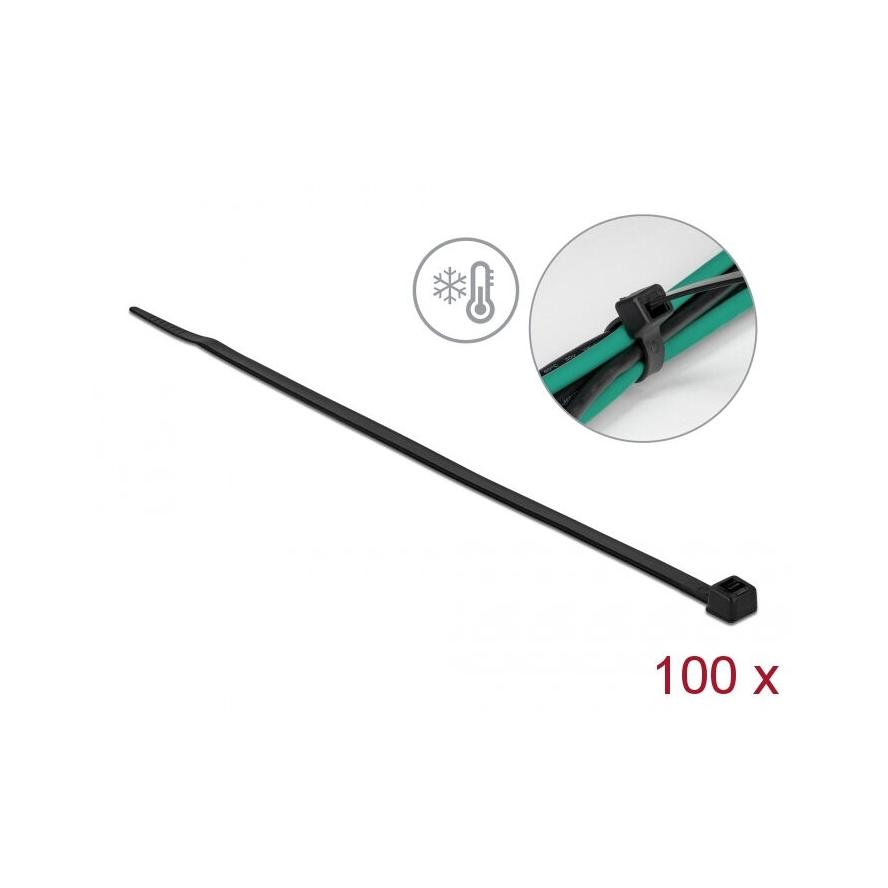 Delock Kábelkötöző ellenáll a hideg hőmérsékletnek hossza 200 x szélessége 4,8 mm, 100 db. Fekete (19189)