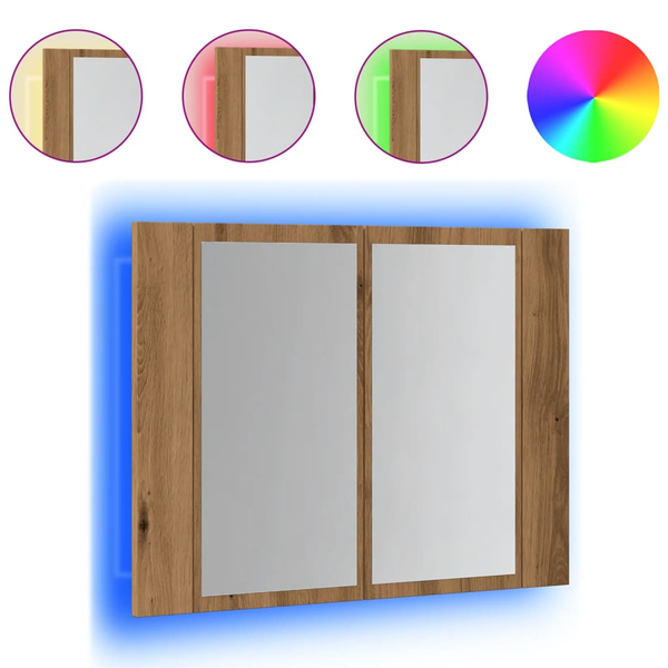 kézműves tölgyszínű szerelt fa tükörszekrény LED-del 60x12x45cm