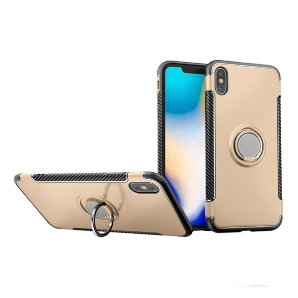 Műanyag telefonvédő (szilikon keret, asztali tartó funkció, telefontartó gyűrű, beépített fémlemez, karbon minta) ARANY [Apple iPhone XS Max 6.5] (5996457811304)