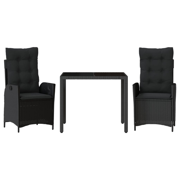 Set mobilier de grădină cu perne, 3 piese, negru, poliratan