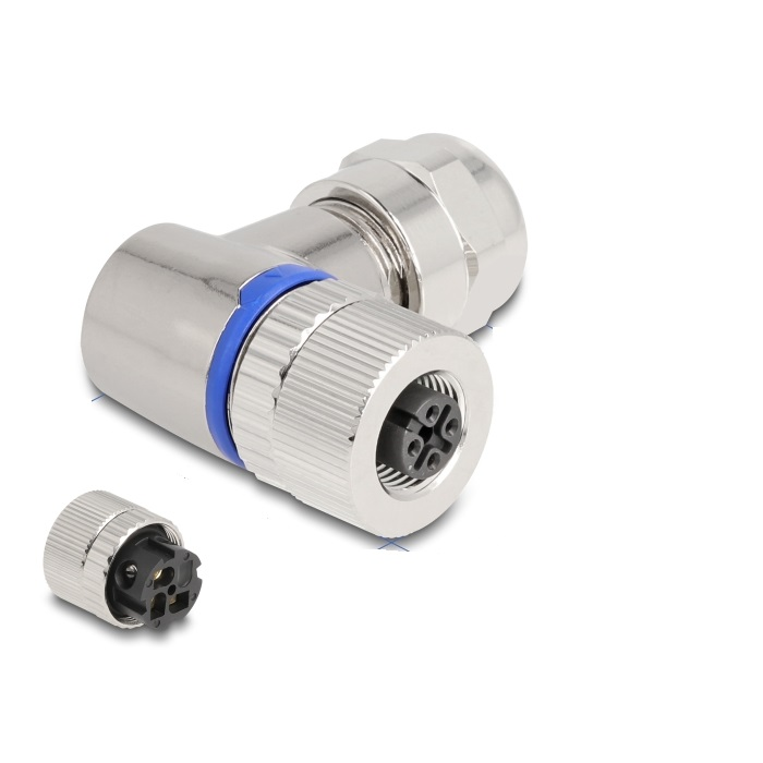 Delock M12 Csatlakozó A-kódolású, 3 tűs anya csavarozható kapcsolat 90 -os szögben fém (60542) (60542)