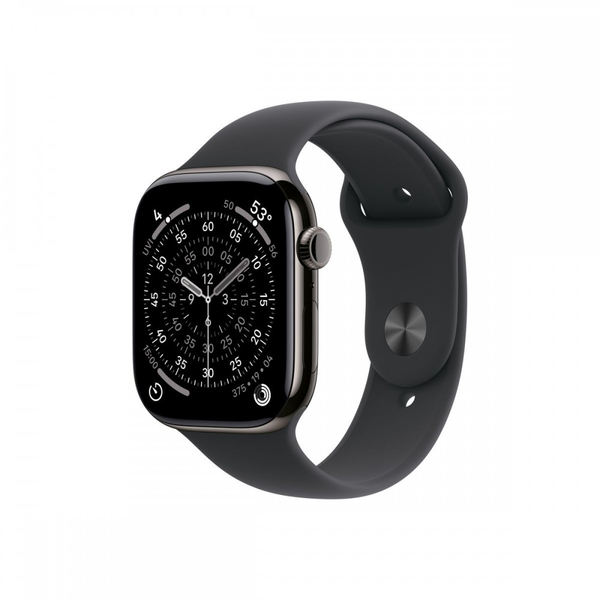 Apple Watch Series 11 GPS + Cellular 42 mm, титанов цвят, черен спортен каишка M/L