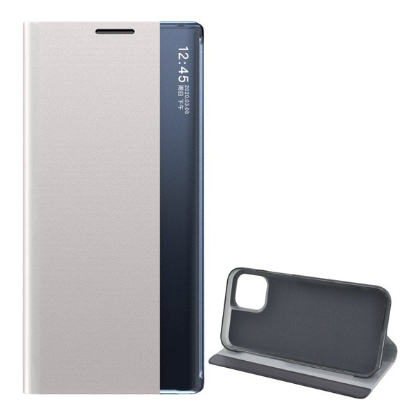 Tok álló, textil hatású (aktív FLIP, oldalra nyíló, asztali tartó funkció, Smart View Cover) SZÜRKE [Apple iPhone 12 Pro Max] (5996591021324)