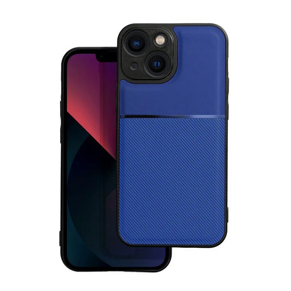 Műanyag telefonvédő (szilikon keret, közepesen ütésálló, beépített fémlemez, bőr hatású hátlap, csíkos minta) SÖTÉTKÉK [Apple iPhone 13 mini] (5996591151694)