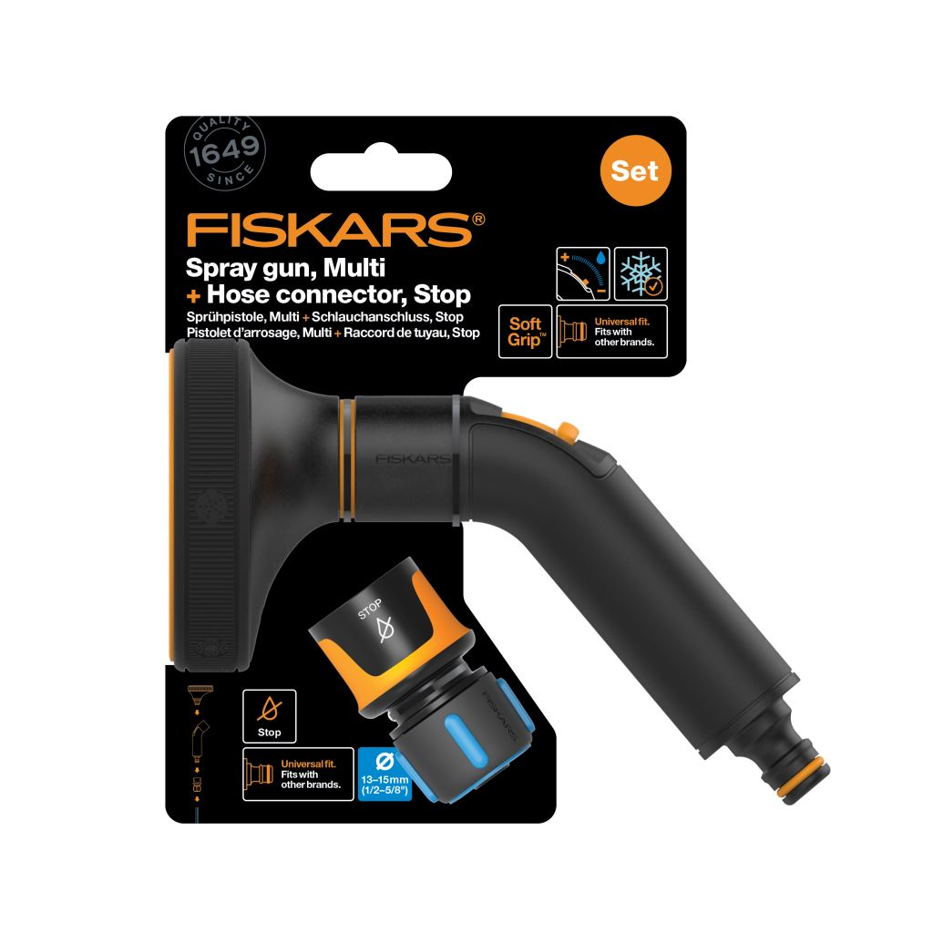 Fiskars 1057609 Comfort locsolópisztoly multi fej + CF tömlőcsatlakozó 13-15mm STOP (Fiskars1057609)