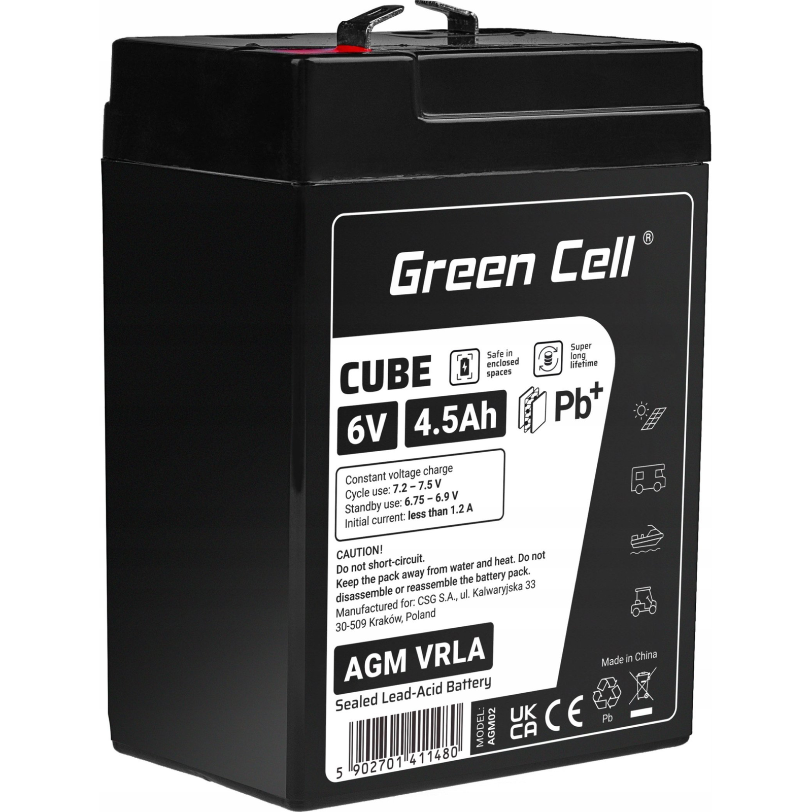 Green Cell Cube AGM VRLA IP54 6V 4.5Ah karbantartásmentes akkumulátor riasztórendszerekhez, pénztárgépekhez, játékokhoz (AGM6V4-5AH-J)