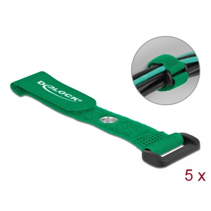 Delock befűzős kábelkötegelő tépőzárral és szorító karikával 150X20mm 5db zöld (19541) (DE19541)