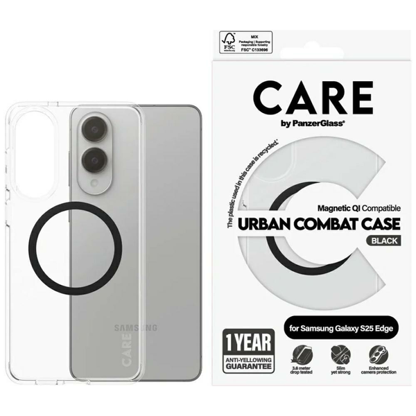 PanzerGlass CARE by ® Flagship Case Transparent Urban Combat w. Black Qi Compatible Samsung S25 Edge puzdro na mobilný telefón Ochranný obal Priehľadná