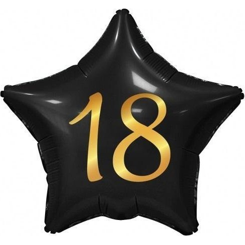 Fekete Happy Birthday 18 Black Csillag Fólia Lufi - 44 cm (490702)