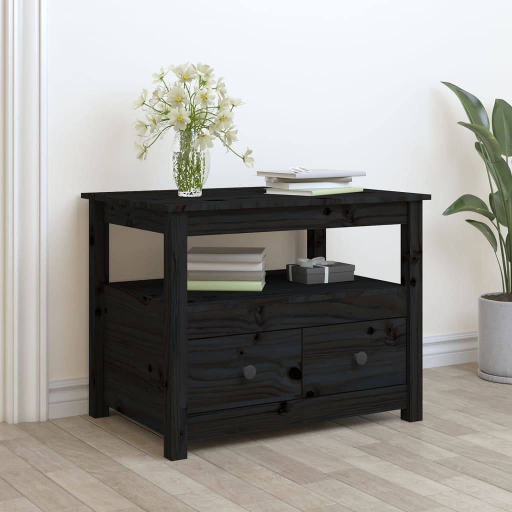 fekete tömör fenyőfa dohányzóasztal 71 x 49 x 55 cm (820940)