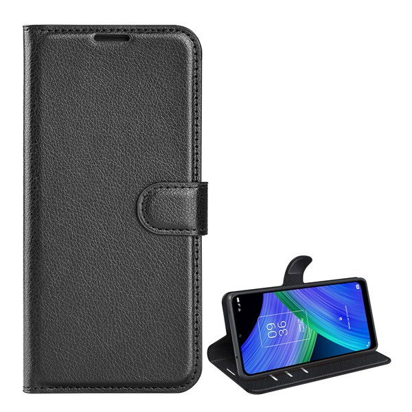 Tok álló, bőr hatású (FLIP, oldalra nyíló, asztali tartó funkció, prémium) FEKETE [TCL 20 R 5G] (5996591114729)
