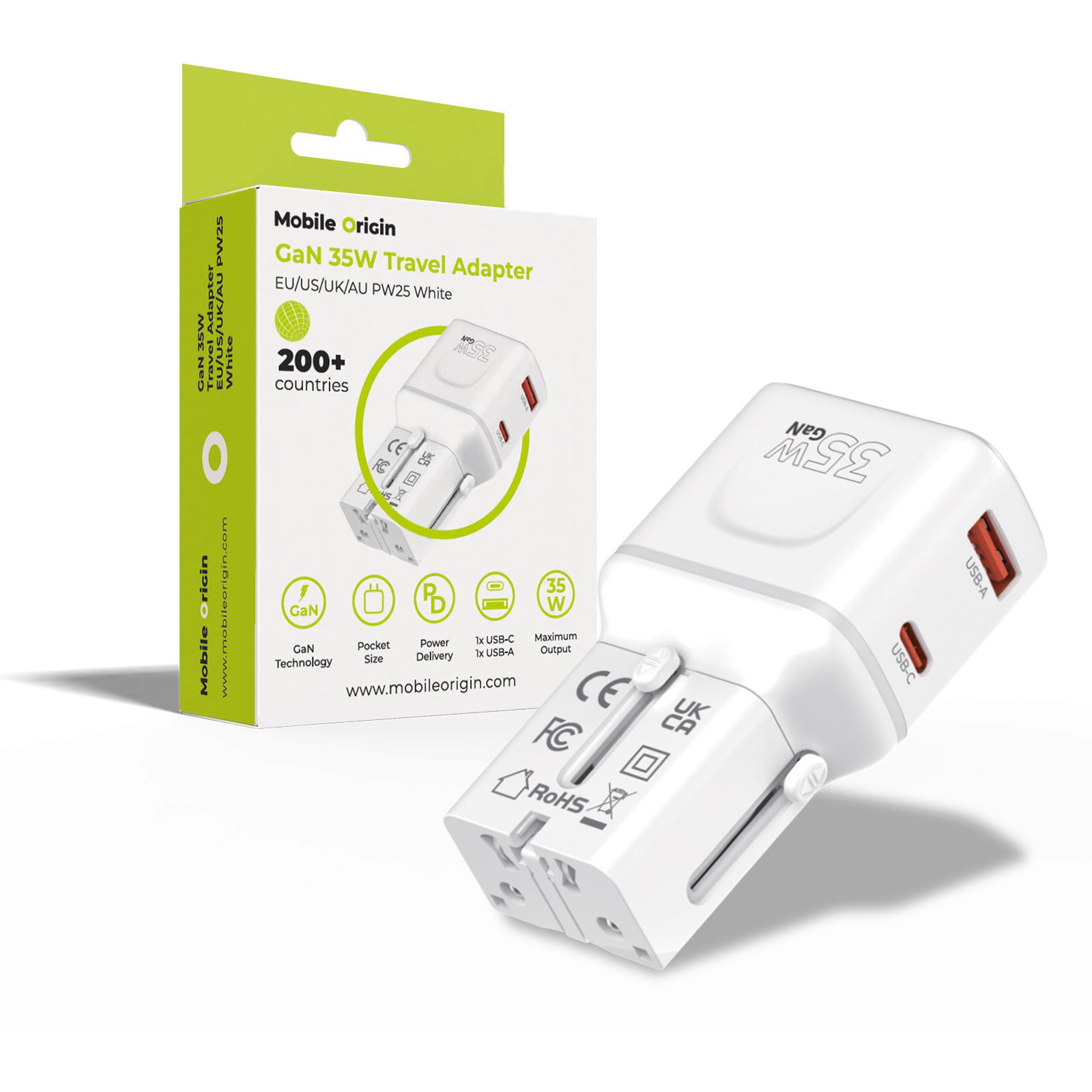 Mobile Origin GaN 35W Travel Adapter, EU/US/UK/AU PW25 White (MO-PW25-WHT)