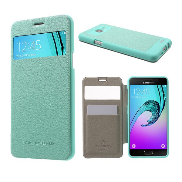 MERCURY Wow Bumper tok álló, bőr hatású (FLIP, oldalra nyíló, S-View cover, textil minta) CYAN [Samsung Galaxy A5 (2016) SM-A510F] (5996457634156)