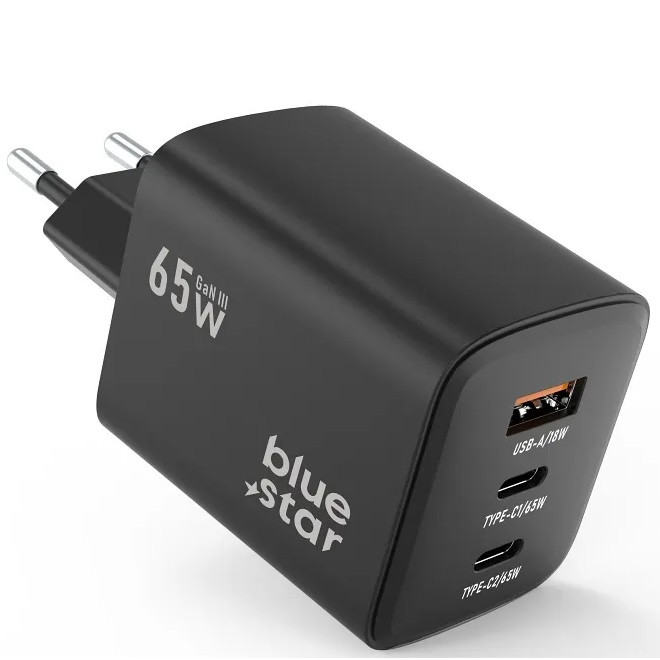 Hálózati töltő adapter, 65W, USB aljzat, 2 x USB Type-C aljzat, gyorstöltés, PD, QC 4.0, GaN, Blue Star VT-43, fekete (5903396299087)